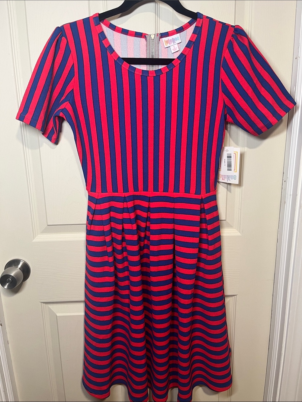 LuLaRoe Pink and Navy Striped Short Sleeve Fit-and-Flare Dress